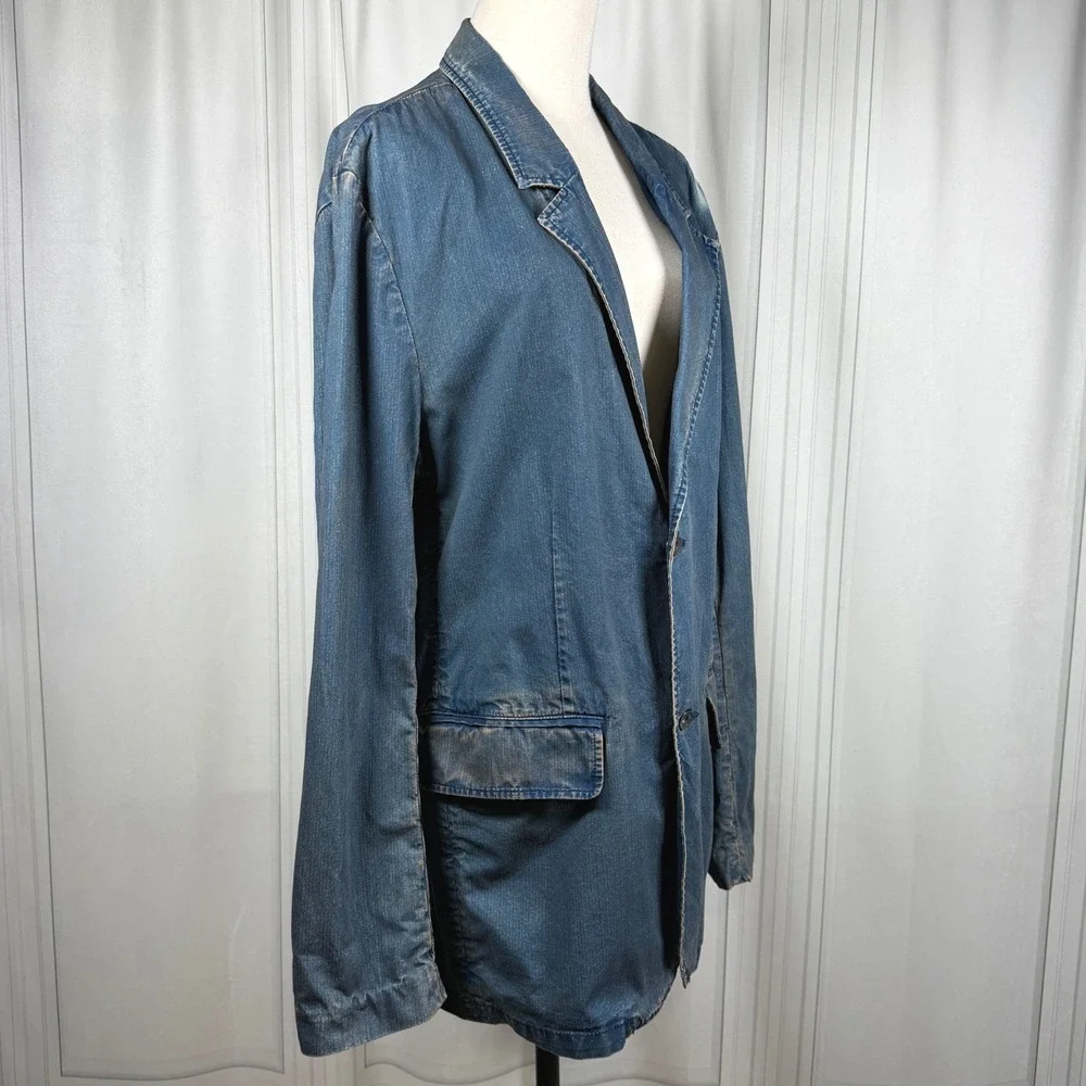 Vintage GAP Denim Blazer Jacket L Dirty Wash Y2K 2000s 100% Cotton Flap Pockets